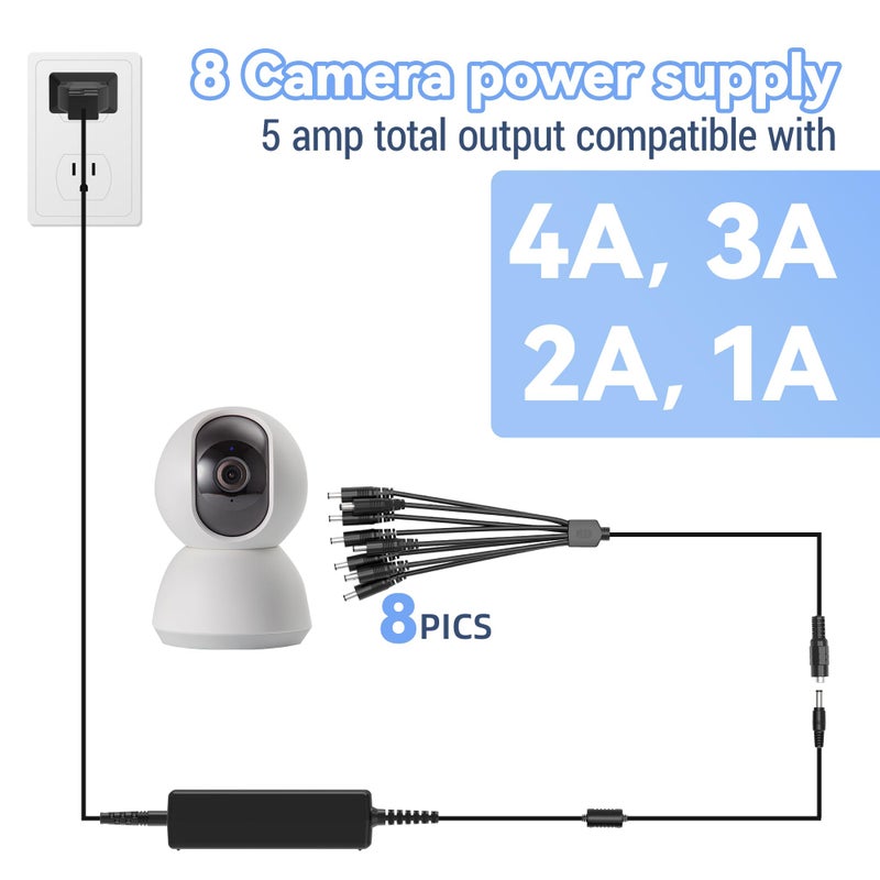 ABLEGRID Charger Compatible with Security Camera 12V 5A 60W 2-Prong Plug AC to DC 2.5x5.5mm w/8-Way Power Splitter Cable Power Supply for CCTV Security Camera DVR, LED Strip Lights - Image 5
